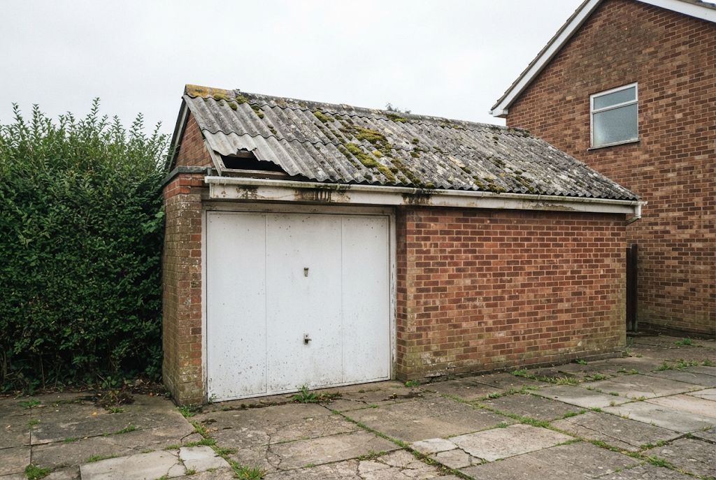 Garage with an old asbestos cement roof before work